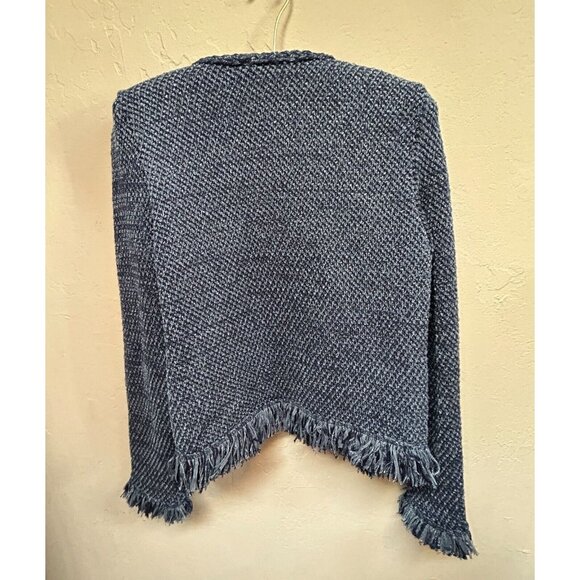 Chelsea & Theodore Women's Open Front Cardigan Sweater Small Blue Fringe Trim - Picture 2 of 8